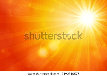 Hot weather background. Abstract orange sun background. Summer heat warning background. Sunrise, sunset orange background with realistic sun lens flare