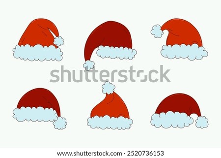 Christmas Santa Claus hats icon set in hand draw cartoon style. Red Santa hats collection on white background