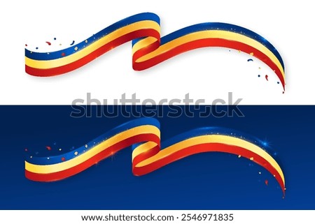 Abstract Romania Flag realistic wavy ribbon with shiny light effect and confetti. Romania Independence Day, national flag for presentations, website, banner, social media