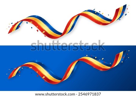 Romania Flag wavy ribbon, detailed realistic style with shiny light effect and confetti. Romania Independence Day, national flag concept for presentations, website, banner, social media