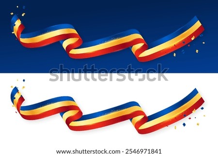 Realistic Romanian Flag Wavy Ribbon Isolated on white and blue background. Romania Independence Day, national flag concept for presentations, website, banner, social media