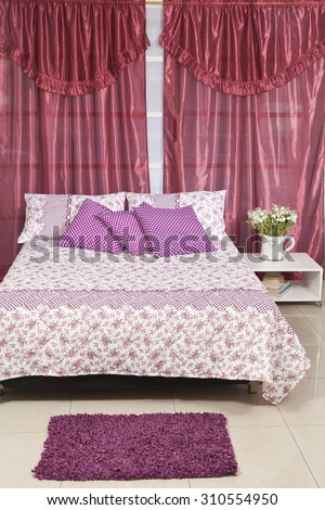 set bed in the room with curtains