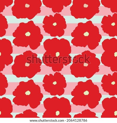 Vector Red oversized florals pattern design, inspired by Marimekko. Bold Florals on Stripes background. Perfect for fashion, textiles, wallpaper, stationary, scrapbooking, product packaging and gift
