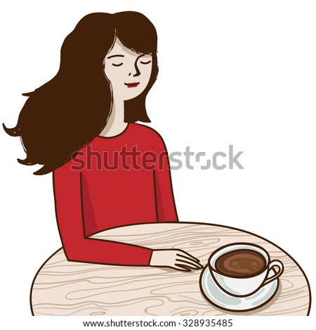 The Girl In Cafe Drinking Coffee Sitting At A Wooden Table. Hand Draw ...