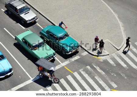 Road crossing in Central Park square near hotel Telegrafo, top view, in Havana, Cuba on May 3, 2013