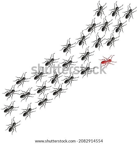 Altered path of the red ant among identical blacks. Concept of the uniqueness of thinking person. Crowd of insects.