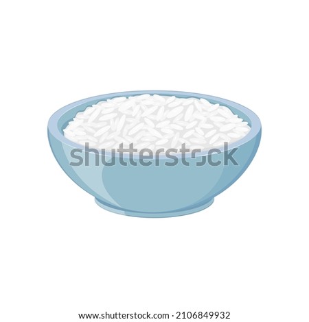 Cooked rice in a blue bowl, isolated on white. Vector illustration of side dish for fish.