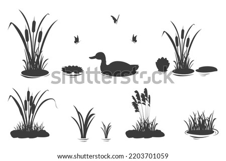 Silhouette elements of swamp grass with reeds and duck. Set of vector illustrations of black shadows of lake and river vegetation for design.