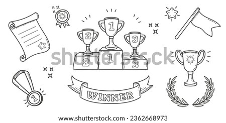 Set of awards in doodle style. Hand drawn winner cups and medals. Linear vector illustrations of prizes and success items.