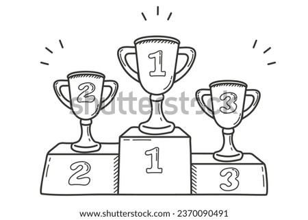 Winners podium in doodle style. Champions Cups on podium. Podium at award ceremony for 1st, 2nd and 3rd places.