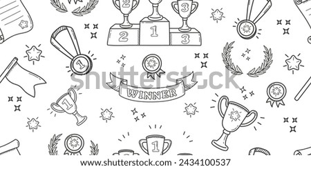 Seamless pattern on theme of sports in doodle style. Cartoon background with winner cups and medals.