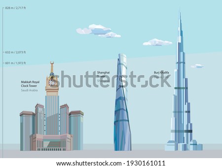 Vector Illustration of the three tallest buildings in the world completed until 2021 - Burj Khalifa in Dubai, Shanghai Tower and Makkah Royal Clock Tower in Saudi Arabia.