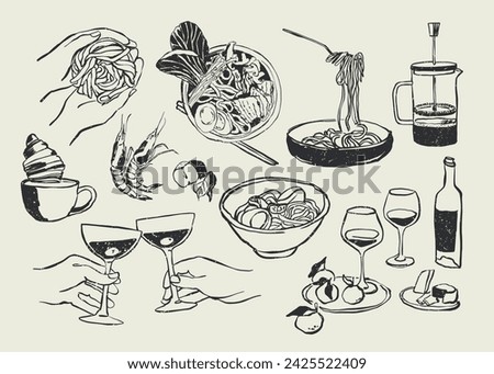 Abstract boho style food and beverages vector illustrations for your wall art gallery, logo design, wallpaper	