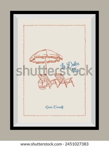 Minimal hand drawn vector dolce vita illustration with aesthetic quote in a poster frame.