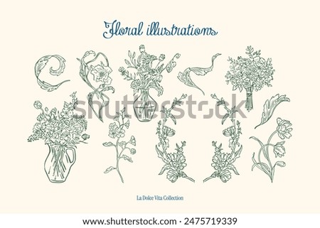 Minimalist hand drawn botanical vector illustration collection. Art for greeting cards, wedding invitations, poster design, postcards, branding, logo design, background.	