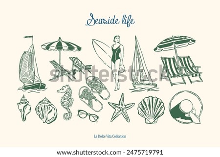 Minimalist hand drawn ocean beach vector illustration collection. Art for greeting cards, wedding invitations, poster design, postcards, branding, logo design, background.	