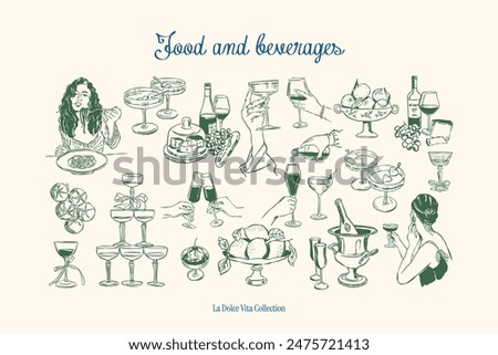 Minimalist hand drawn food and beverages vector illustration collection. Art for greeting cards, wedding invitations, poster design, postcards, branding, logo design, background.	