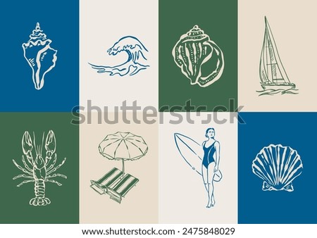 Minimalist hand drawn ocean beach vector illustration collection. Art for greeting cards, wedding invitations, poster design, postcards, branding, logo design, background.