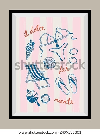 Minimal hand drawn vector dolce vita illustration with aesthetic quote in a poster frame. Art for greeting cards, wedding invitations, postcards, branding, logo design. Matisse style illustrations.	