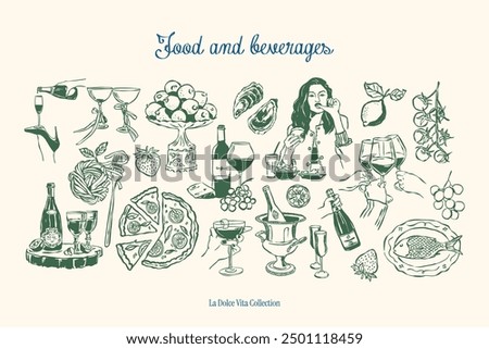 Minimalist hand drawn food and beverages vector illustration collection. Art for greeting cards, wedding invitations, poster design, postcards, branding, logo design, background.