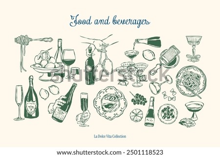 Minimalist hand drawn food and beverages vector illustration collection. Art for greeting cards, wedding invitations, poster design, postcards, branding, logo design, background.