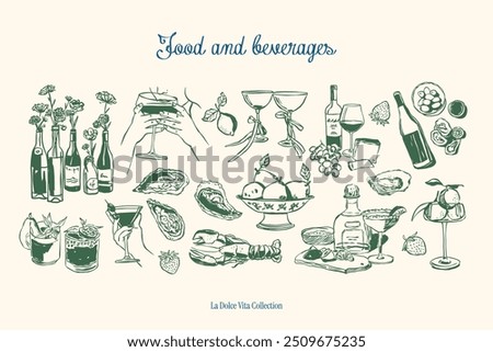 Minimalist hand drawn food and beverages vector illustration collection. Art for greeting cards, wedding invitations, poster design, postcards, branding, logo design. Matisse style doodles.	