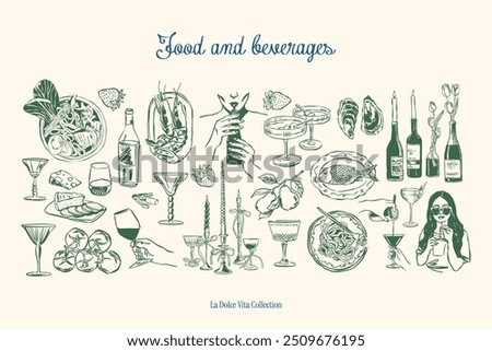 Minimalist hand drawn food and beverages vector illustration collection. Art for greeting cards, wedding invitations, poster design, postcards, branding, logo design. Matisse style doodles.	