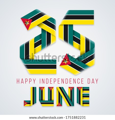 Congratulatory design for June 25, Independence Day of Mozambique. Text made of bended ribbons with Mozambican flag elements. Vector illustration.