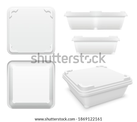 Vector square plastic container with rounded tabs and blanks as motionless locking system for foodstuff. Set of top, bottom, front, side and perspective views. Packaging mockup illustration.