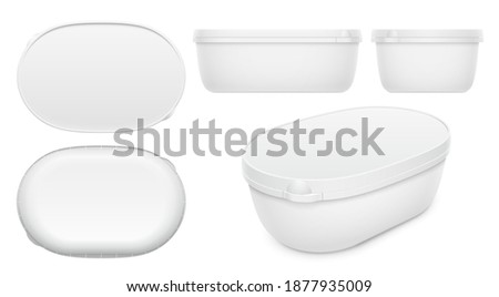 Vector oval container for ice cream, butter or margarine spread. Top, bottom, front, side and perspective views isolated on white background. Packaging template illustration.