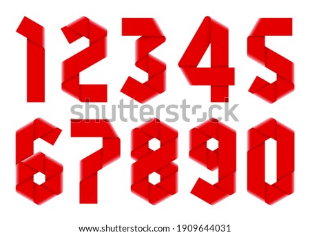 Set of numbers made of folded ribbons with hexagonal elements. Vector illustration isolated on white background.