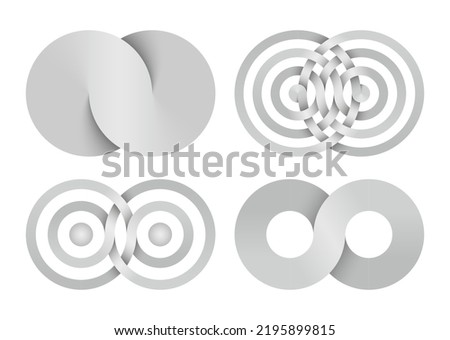 Set of Infinity signs made of combined disks and rings. Stylized symbols of interference concentric waves. Vector illustration isolated on white background.