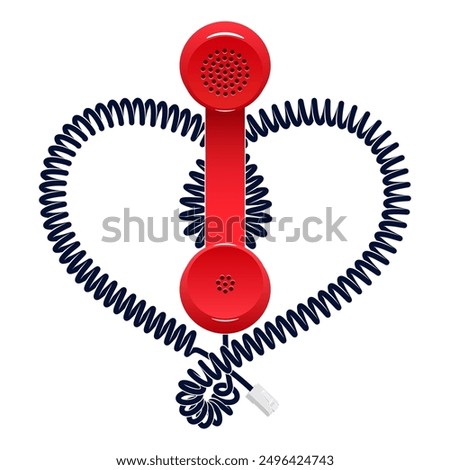 Telephone handset with heart shaped cord. Symbol of phone love affair. Vector illustration isolated on white background.