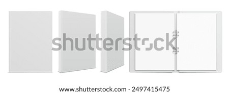 Binder with 4 metal rings. Set of various projections of open and closed folder. Vector realistic mockup illustration isolated on white background.