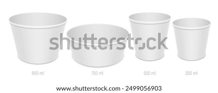 Set of blank disposable food containers. Different sizes of paper open empty dishes for takeaway food packaging. Vector realistic mockup illustration isolated on white background.