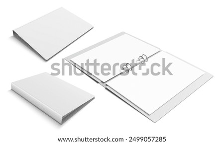 Binder with 4 metal ring clamps. Set of different views of open and closed folder. Vector realistic mockup illustration isolated on white background.