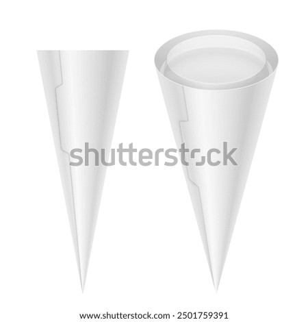 Ice cream cone with flat transparent lid and eyelet. Blank vector realistic packaging template. Mockup illustration isolated on white background.