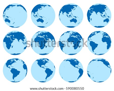 Vector set of 12 flat globes showing earth rotation in two hours period. 30 degrees rotation.