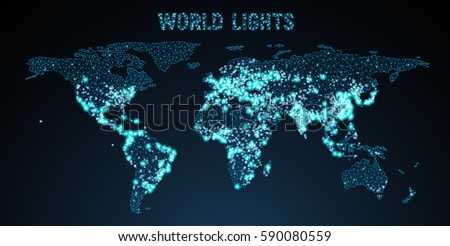 Vector low-poly image of a global map with lights in the form of world cities or population density, consisting points and shapes in the form of stars and space. Wireframe concept of the world network