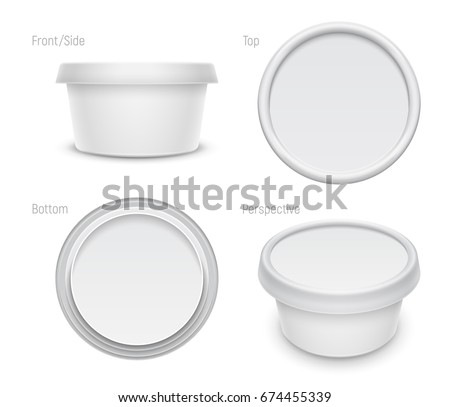 Vector white round container for cosmetics cream, butter or margarine spread. Top, bottom, front and perspective views isolated over the white background. Packaging template illustration. Stock foto © 
