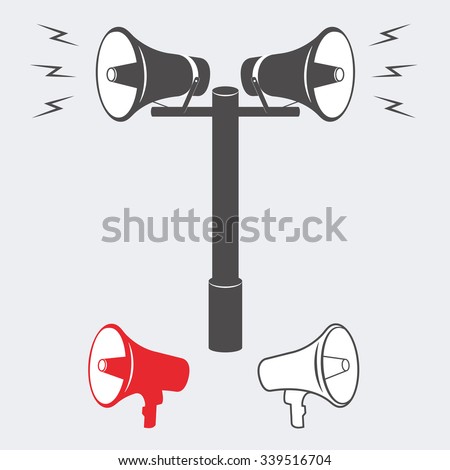 Vector illustration of speakers with an announcement or alarm sounding. Vector Speaker or Alarm. Two industrial Alarm or announcement speakers 