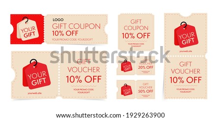 Gift coupon and voucher with promo code on discount set. Vintage tear-off shopping ticket, gift card with sale special offer to buy or purchase vector illustration isolated on white background