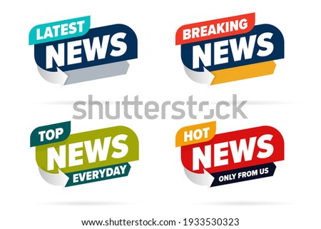 Broadcast news info label set template for television media. Latest, hot breaking news, everyday top only from us lettering badge for TV channel, video blog, entertaining show vector illustration