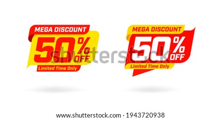 Marketing deal sale tag giving super offer on half price. Yellow red mega discount 50 percent off limited time only label badge two set vector illustration isolated on white background