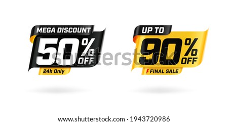 Sale marketing banner with price cut out and sell-off. Mega discount 24h only 50 percent and up to 90 percentage off final sale badge isometric three-dimensional vector illustration isolated on white
