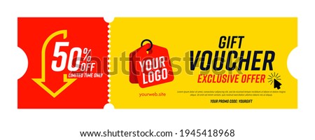 Coupon template with exclusive offer up to 50 percent off. Gift voucher with limited time exclusive offer, special promo code and place for company logo and website vector illustration