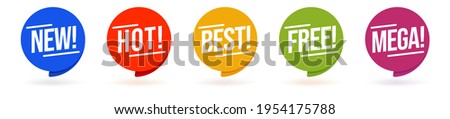 New, hot, best, free, mega marketing text message tag set. Rounded blue, red, yellow, green, purple speech bubble sale label badge with special offer vector illustration isolated on white background