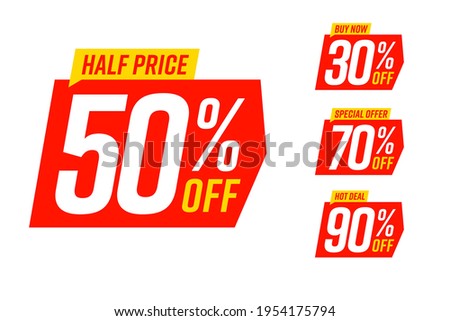 Sale banner special offer tag discount template set. Half price, buy now and hot deal special offer with 50, 30, 70, 90 percent off for cheap economic shopping vector illustration isolated on white