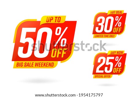 Super weekend best sale sticker label badge template set. Hot deal, big sale weekend limited time only special offer up to 50, 30, 25 percent off vector illustration isolated on white background