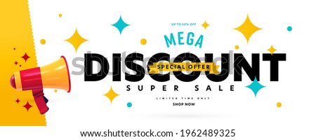 Banner announcing mega discount with half price reduction. Special offer with 50 percent off advertisement. Promotion poster template with limited time super sale vector illustration